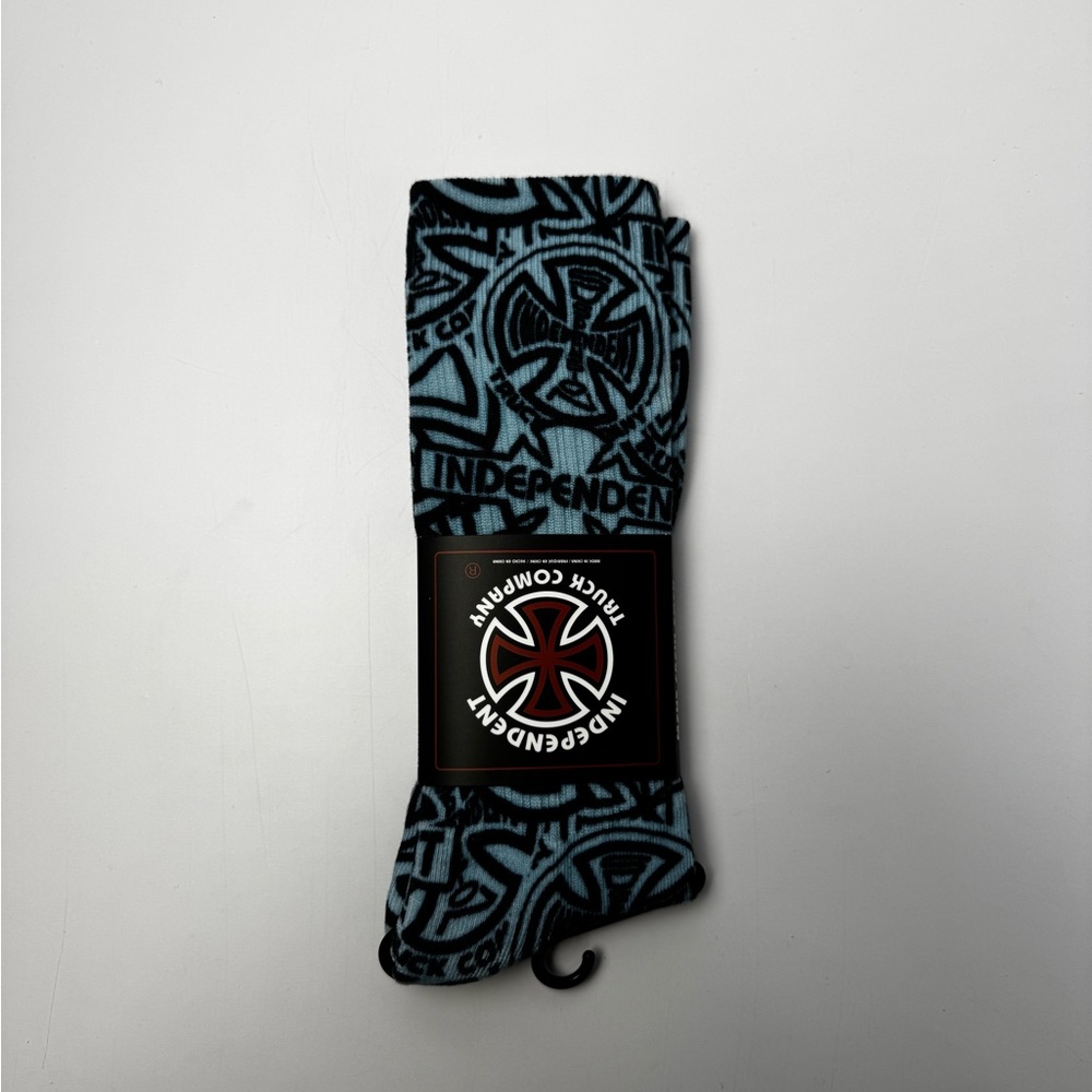 Independent Crew Socks Mens Womens Large 9-11 Blue Black All Over Print Logo New